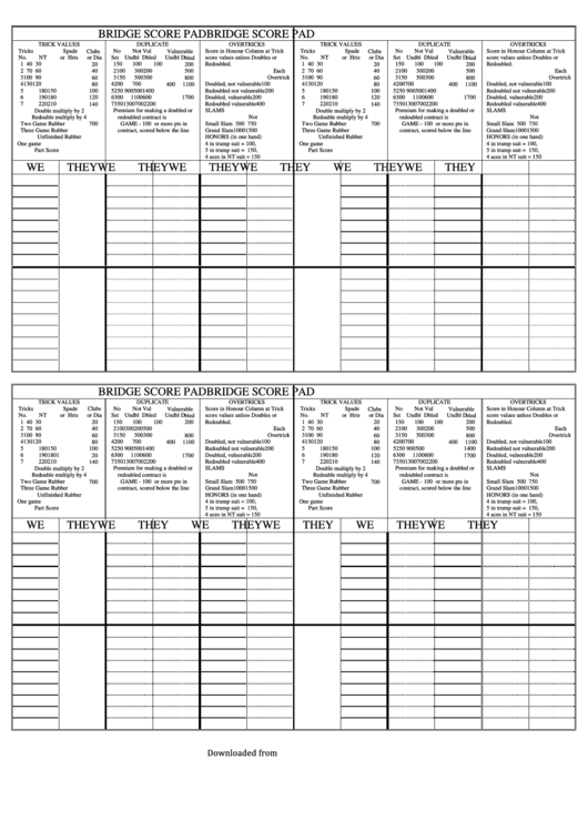 Bridge Score Pad Printable pdf