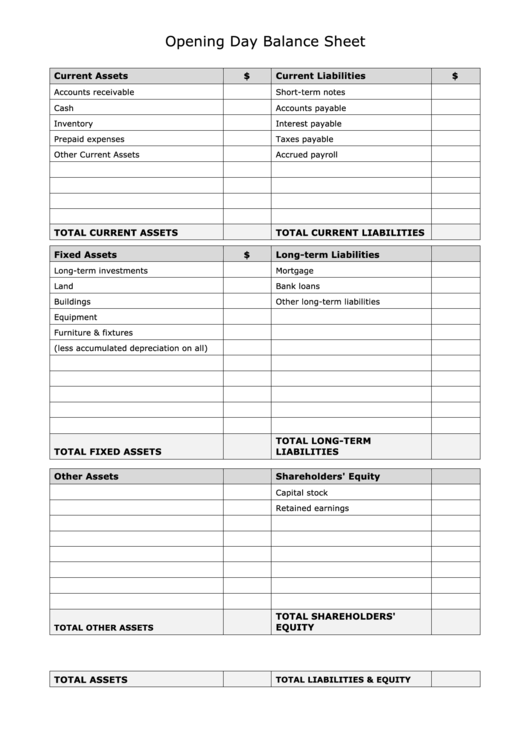 Opening Day Balance Sheet Printable pdf