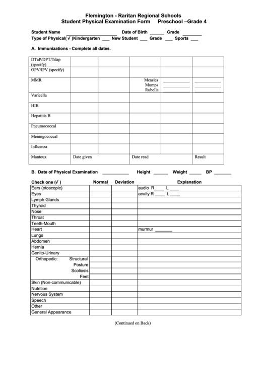 Student Physical Examination Form Printable pdf