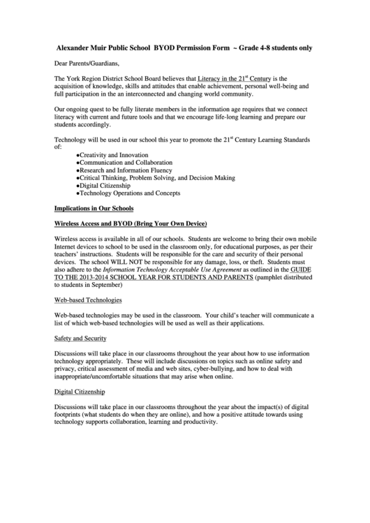 Alexander Muir Public School Byod Permission Form Printable pdf