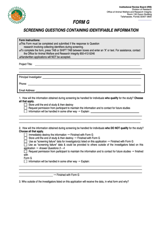 Fillable Screening Questions Containing Identifiable Information Printable pdf