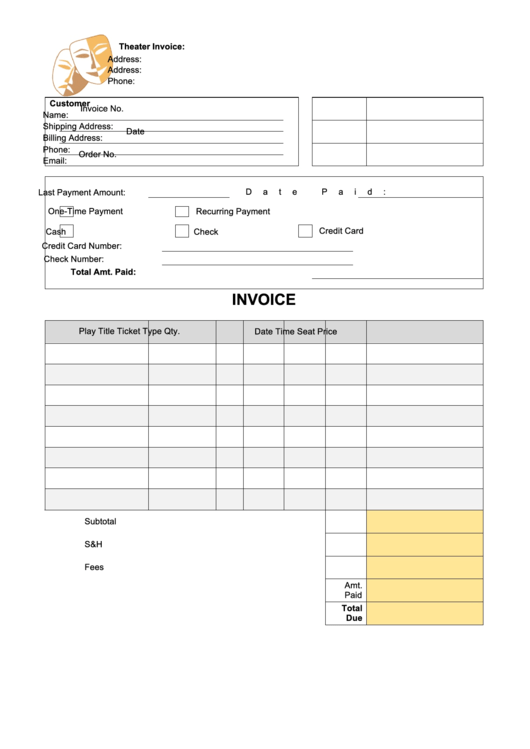 Theater Subscription Invoice Template Printable pdf