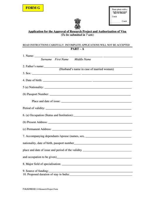 Form G - Application For The Approval Of Research Project And Authorization Of Visa (To Be Submitted In 7 Sets) Printable pdf