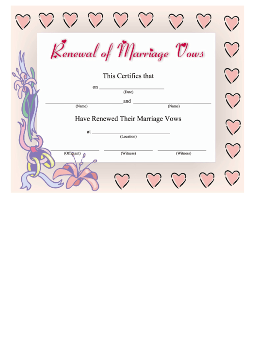 Renewal Of Marriage Vows Certificate Template - Pink Hearts Printable pdf