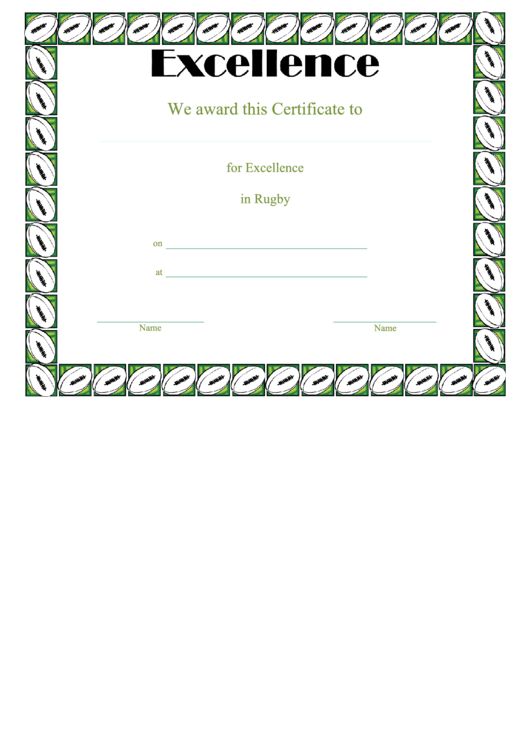 Certificate Of Excellence Template - Rugby Printable pdf