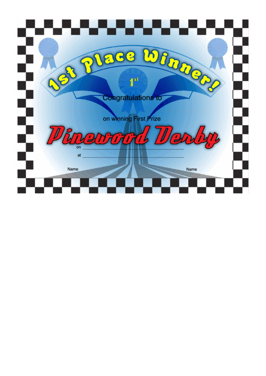 Pinewood Derby - 1st Place Certificate Printable pdf