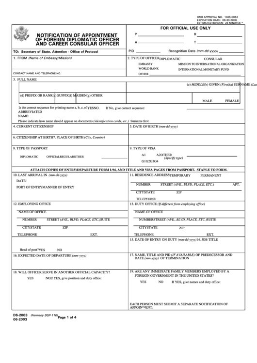Fillable Form Ds-2003 (Formerly Dsp-110) - Notification Of Appointment Of Foreign Diplomatic Officer And Career Consular Officer Printable pdf