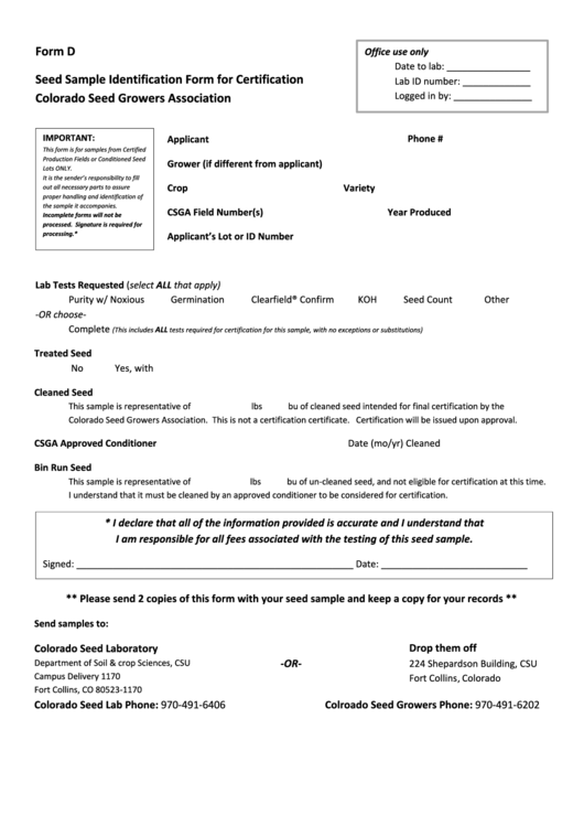 Fillable Seed Sample Identification Form For Certification Printable pdf
