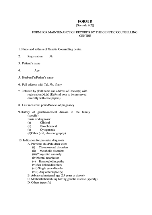 Form For Maintenance Of Records By The Genetic Counselling Printable pdf
