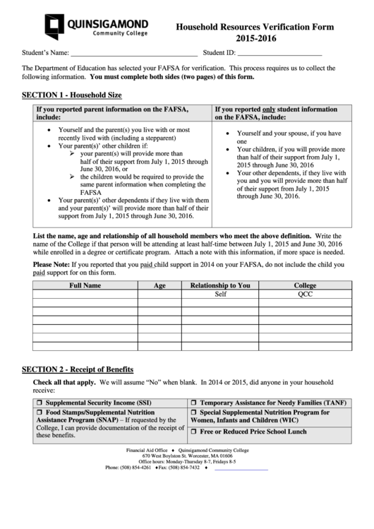 Fillable Household Resources Verification Form Printable pdf