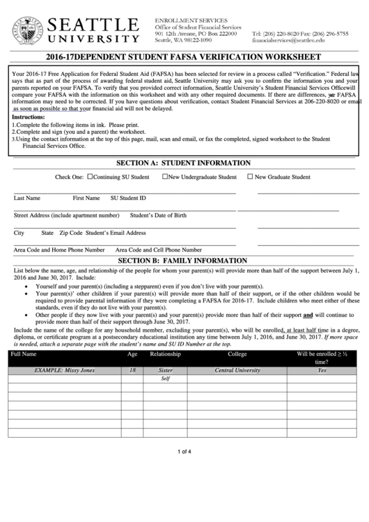 Dependent Student Fafsa Verification Worksheet Printable pdf