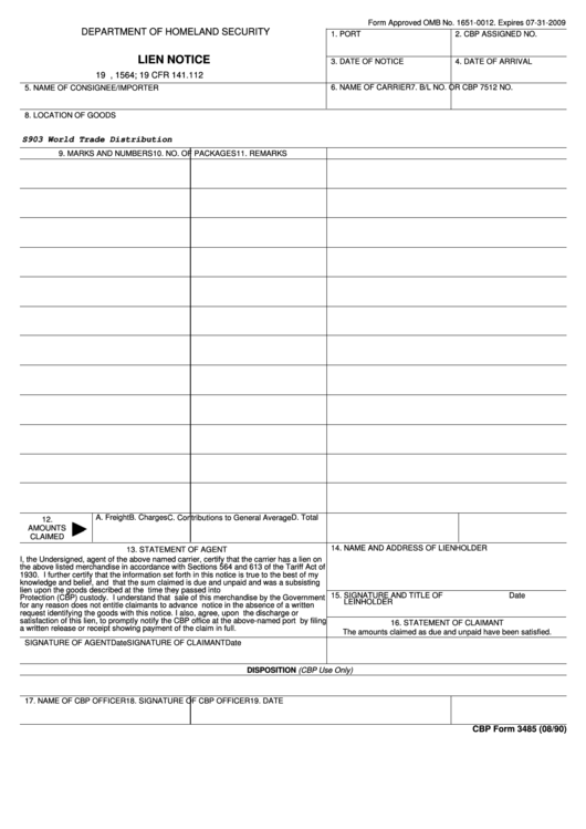 Fillable Cbp Form 3485 - Lien Notice Printable pdf