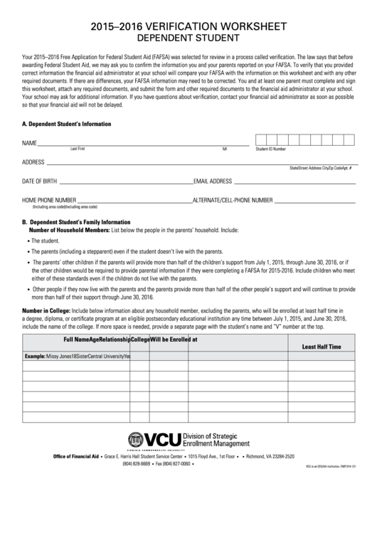 Verification Worksheet Dependent Student Template - 2015-2016 Printable pdf