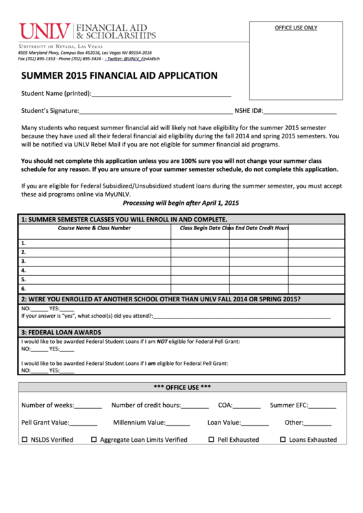 Summer 2015 Financial Aid Application Form Printable pdf