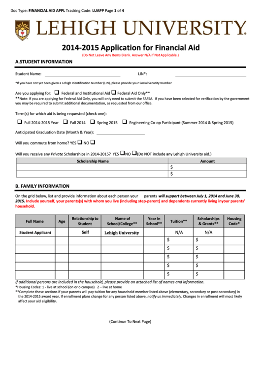 Application For Financial Aid printable pdf download