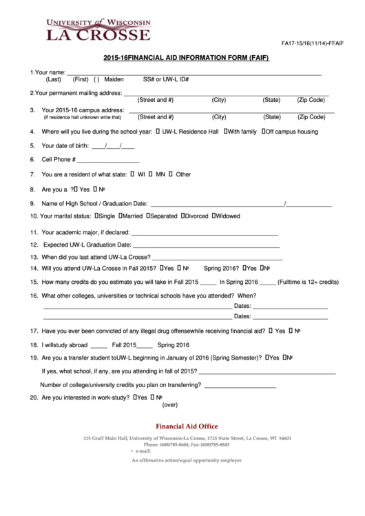 Fillable Form Fa17-15/16 - Financial Aid Information Form Printable pdf