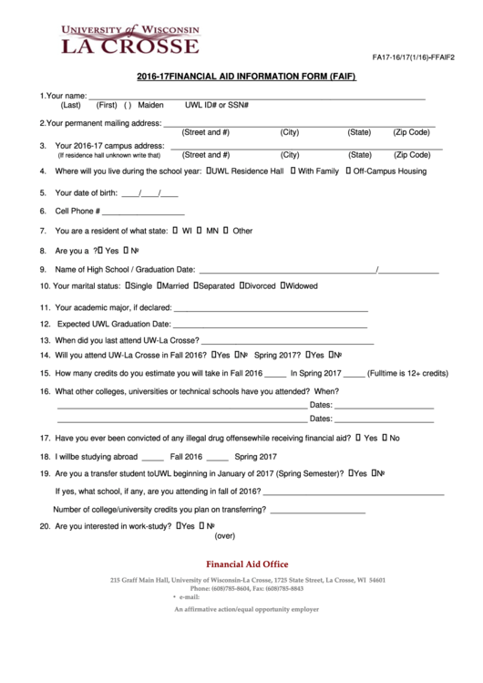 Fillable Form Fa17-16/17 - Financial Aid Information Form Printable pdf