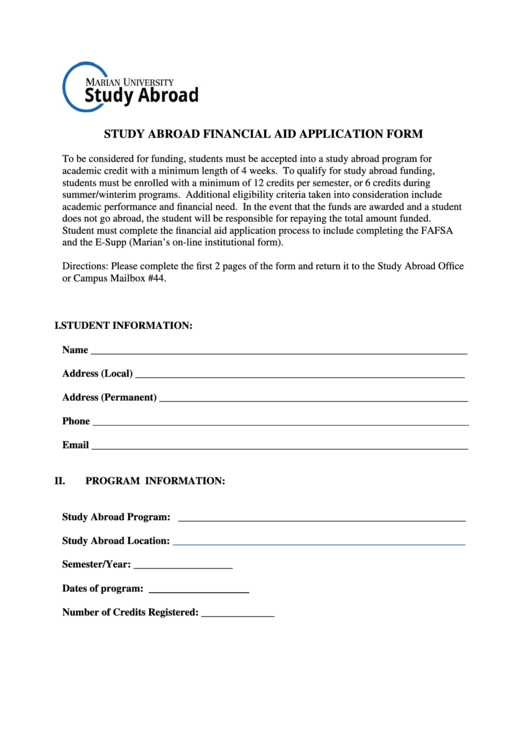 Fillable Study Abroad Financial Aid Application Form Printable pdf