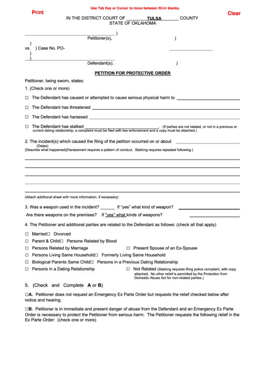 Fillable Petition For Protective Order - Oklahoma District Court, Aoc Form 67 - Order Of Protection Printable pdf