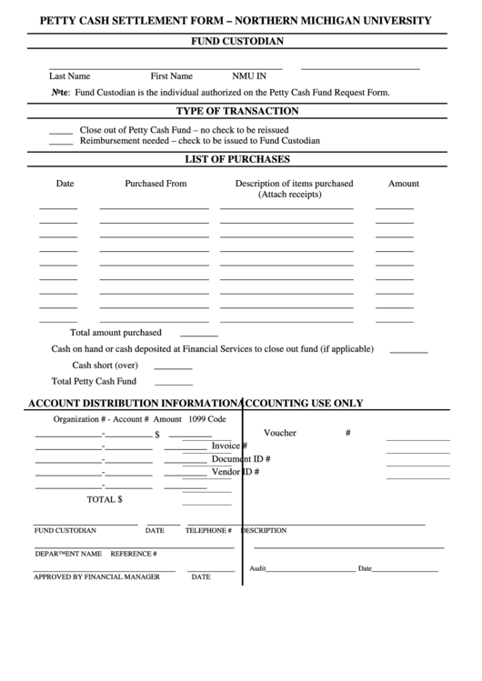 Petty Cash Settlement Form - Northern Michigan University Printable pdf