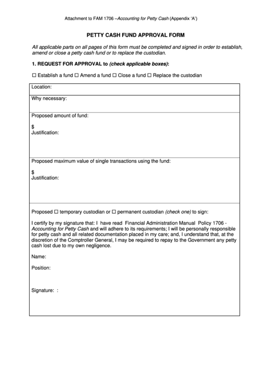 Petty Cash Fund Approval Form Printable pdf