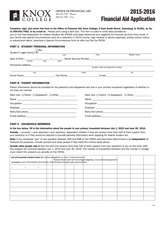 Financial Aid Application Printable pdf
