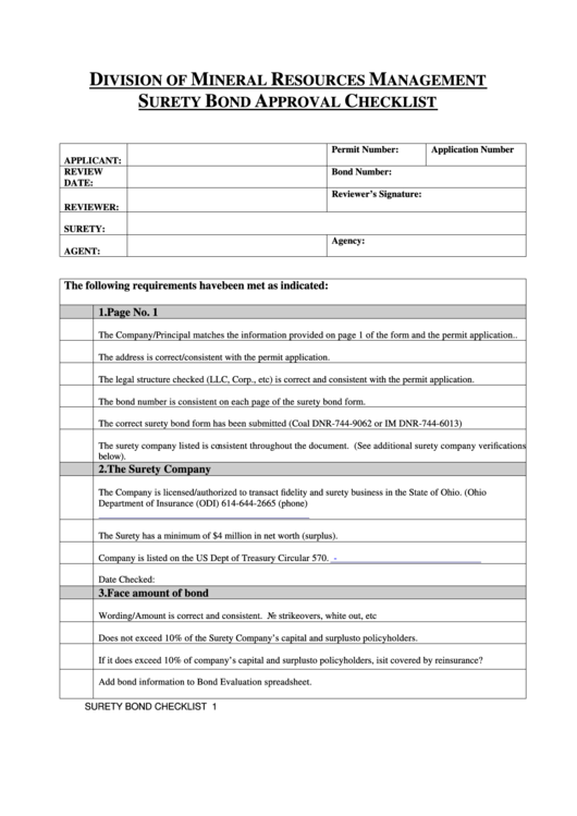 Surety Bond Approval Checklist Printable pdf