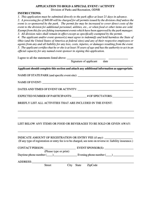 Application Form To Hold A Special Event Printable pdf
