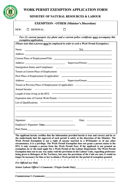 Fillable Work Permit Exemption Application Form Minis 3467