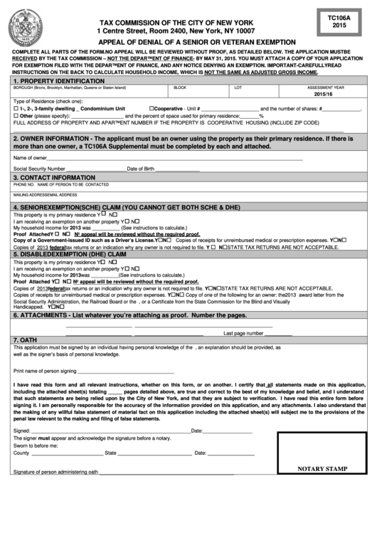 Appeal Of Denial Of A Senior Or Veteran Exemption Form Printable pdf