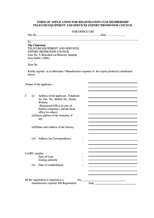 Form Of Application For Registration-Cum-Membership Telecom Equipment And Services Export Promotion Council Printable pdf