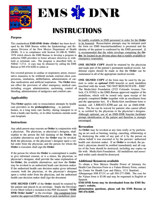 Emergency Medical Services Do Not Resuscitate (Dnr) Form Printable pdf