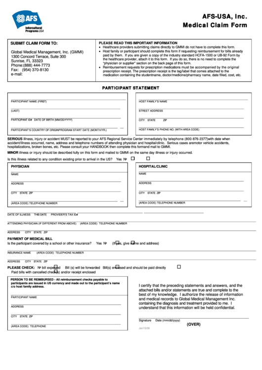Fillable Afs-Usa, Inc. Medical Claim Form Printable pdf