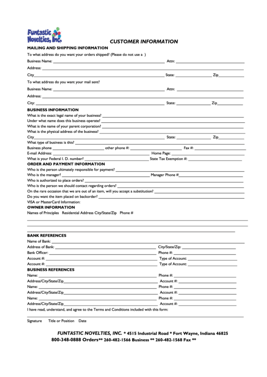 Funtastic Novelties Customer Information Printable pdf