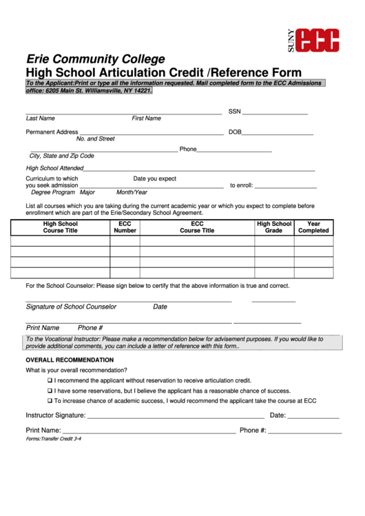 Erie Community College High School Articulation Credit /reference Form Printable pdf