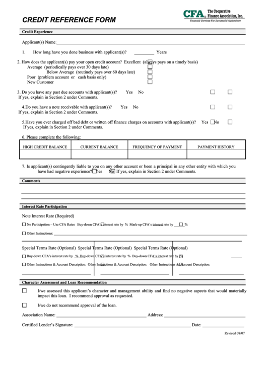Cfa Credit Reference Form