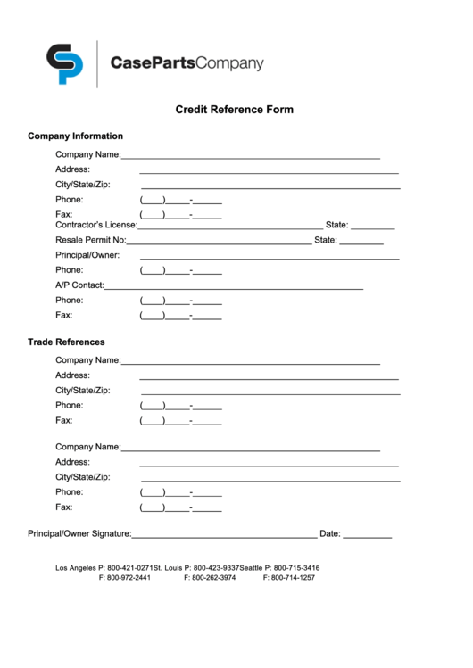 Case Parts Company Credit Reference Form Printable pdf
