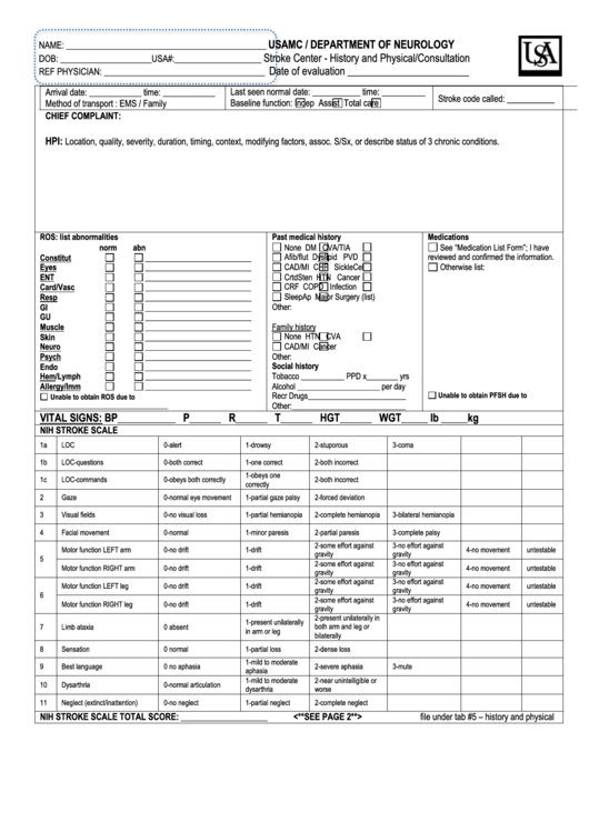 Hospital Stroke Evaluation Form Printable pdf