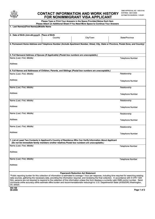 Form Ds-158 - Contact Information And Work History For Nonimmigrant Visa Applicant - 2006