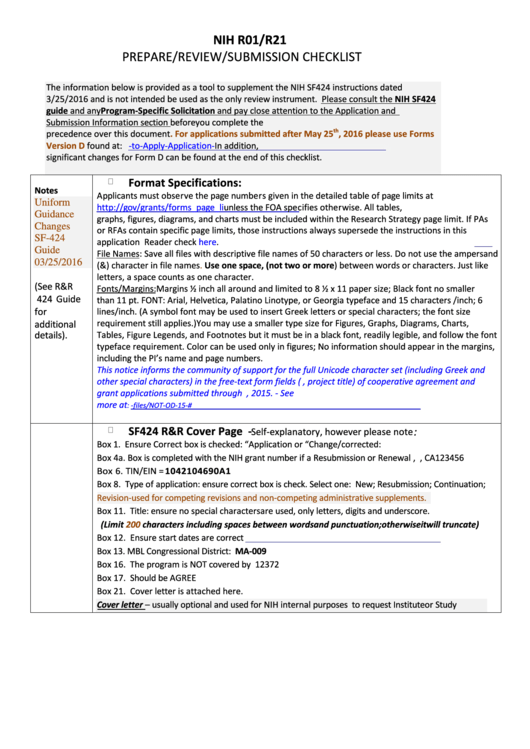 Nih R01/r21 Prepare/review/submission Checklist Printable pdf