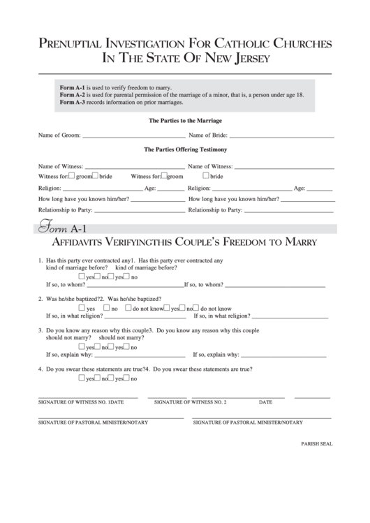 Prenuptial Investigation For Catholic Churches In The State Of New Jersey Printable pdf
