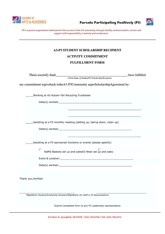 A3-P3 Student Scholarship Recipient Activity Commitment Fulfillment Form Printable pdf