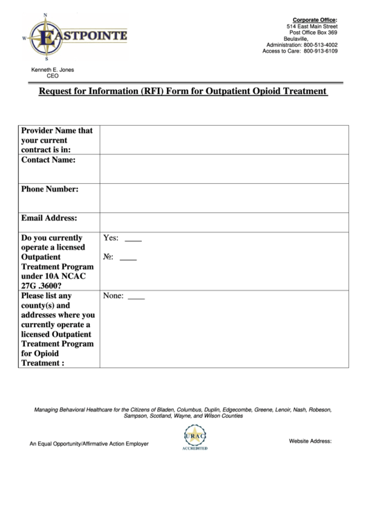 Request For Information (Rfi) Form For Outpatient Opioid Treatment Printable pdf
