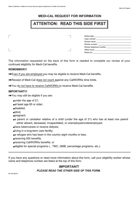 Fillable Medi Cal Request For Information Printable Pdf Download