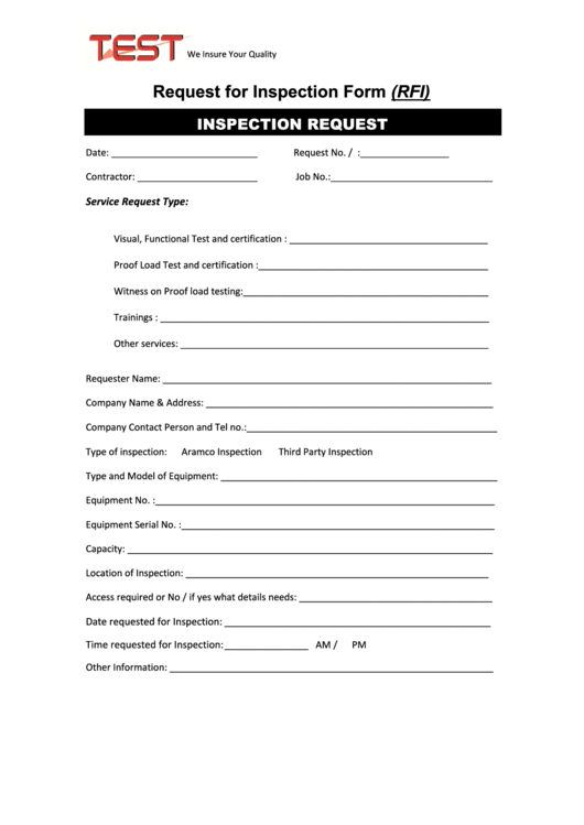 Request For Inspection Form (Rfi) Printable pdf