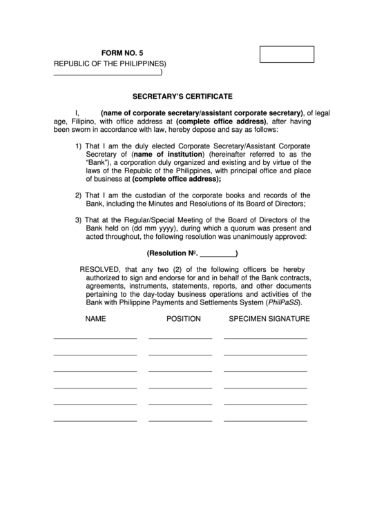 Secretarys Certificate printable pdf download