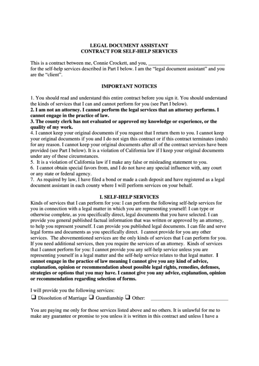 Legal Document Assistant Contract For Self-Help Services Printable pdf
