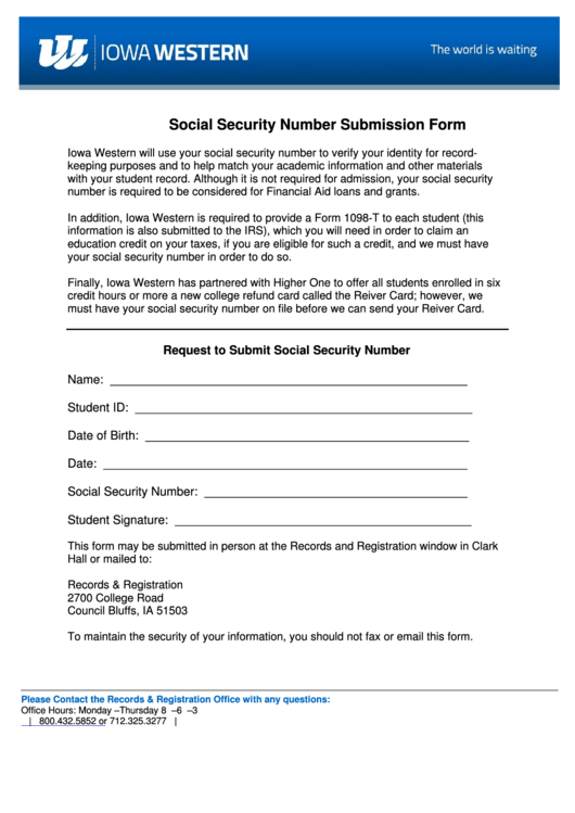 Social Security Number Submission Form - Iowa Western University Printable pdf