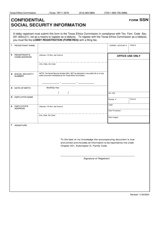 Confidential Social Security Information Form - Texas Ethics Commission Printable pdf