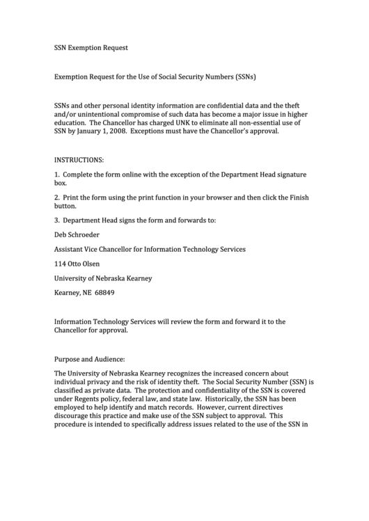 Fillable Ssn Exemption Request Form - University Of Nebraska, Kearney Printable pdf